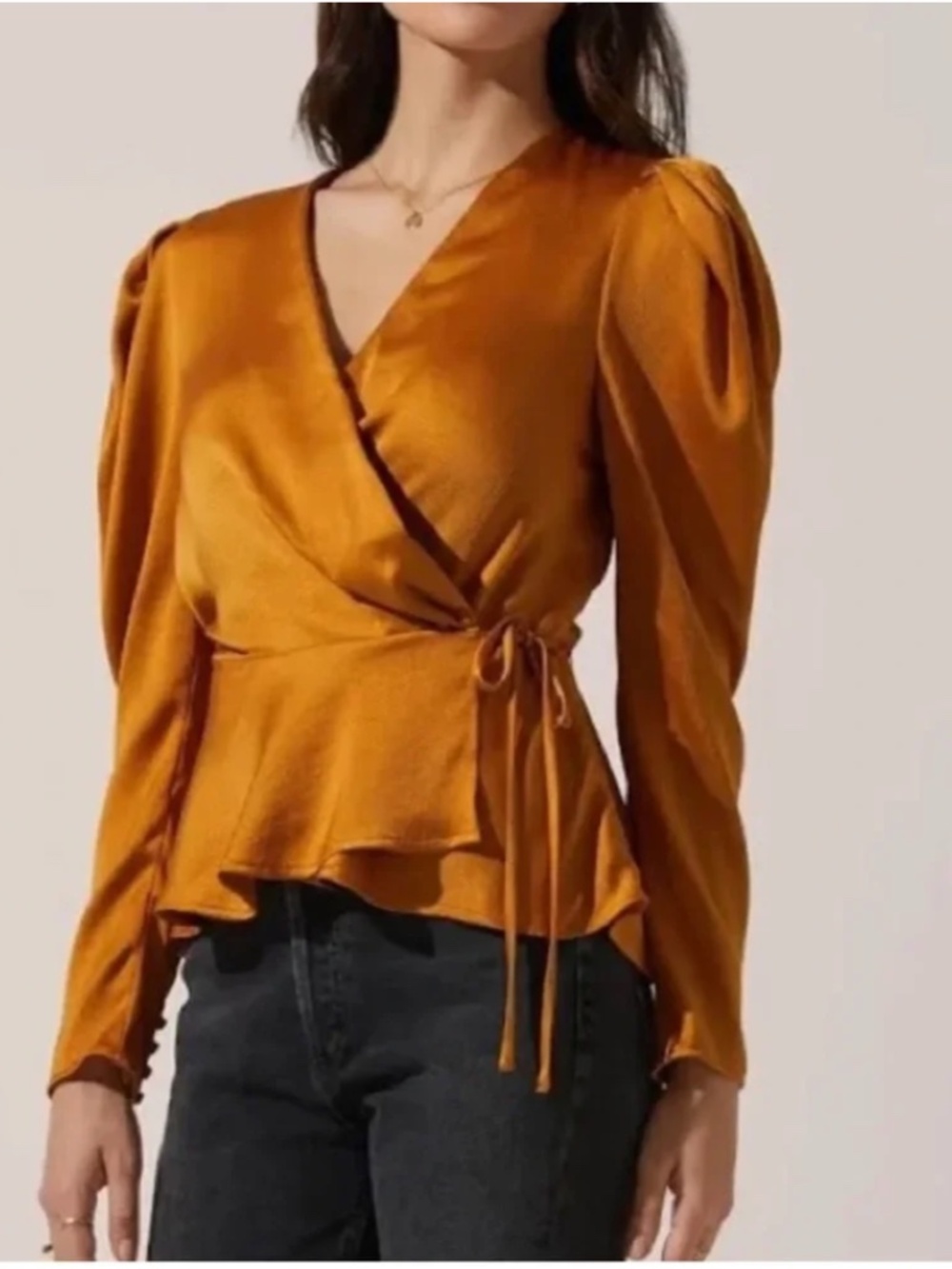 ASTR Gold Satin Puff Sleeve Wrap Blouse
